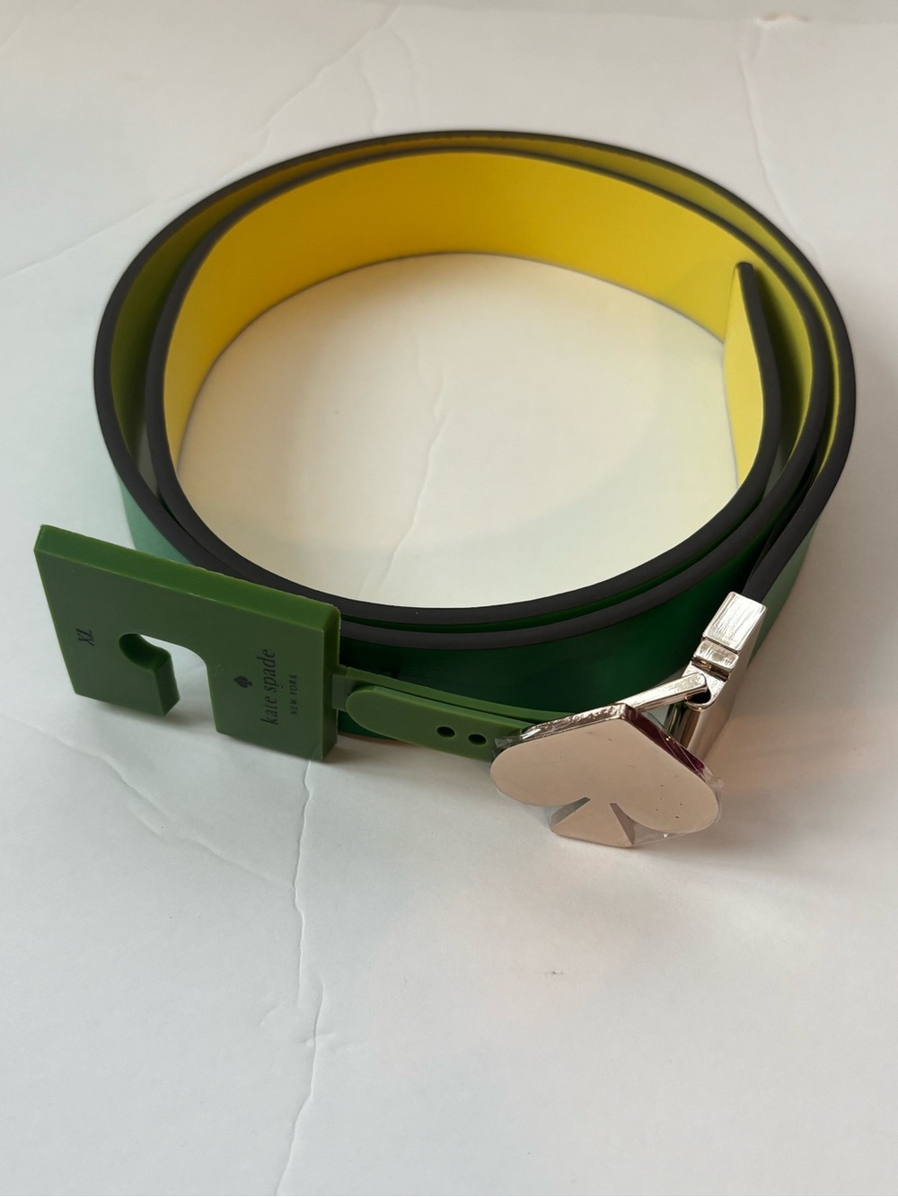 Kate Spade Women Twist Reversible Leather Belt Green Yellow Spade Buckle L & XL